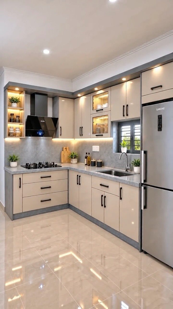 L-shaped modular kitchen featuring beige cabinets, grey countertops, and integrated appliances in a bright room.