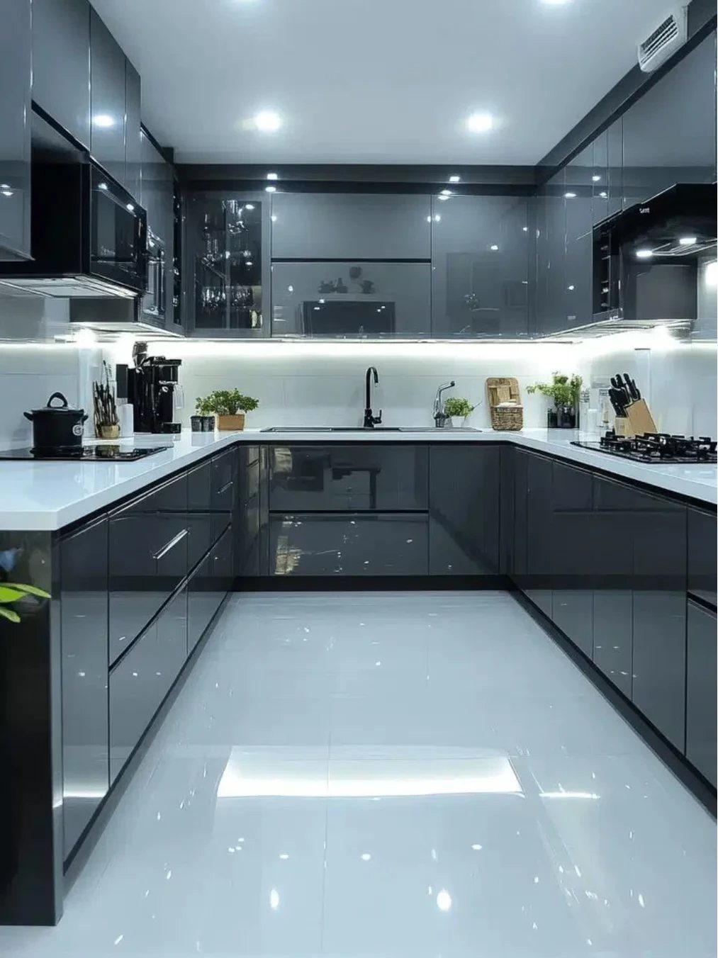 Modern U-shaped kitchen with high-gloss dark grey cabinets and white countertops under bright lights.