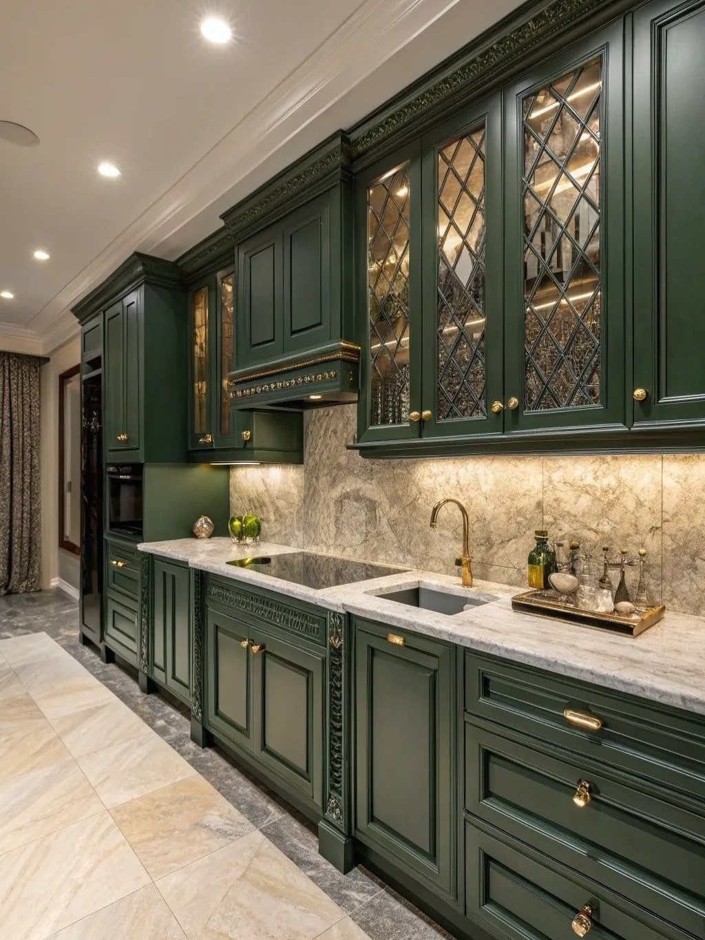 Dark green traditional kitchen cabinets with marble countertops and gold hardware in a luxury setting.