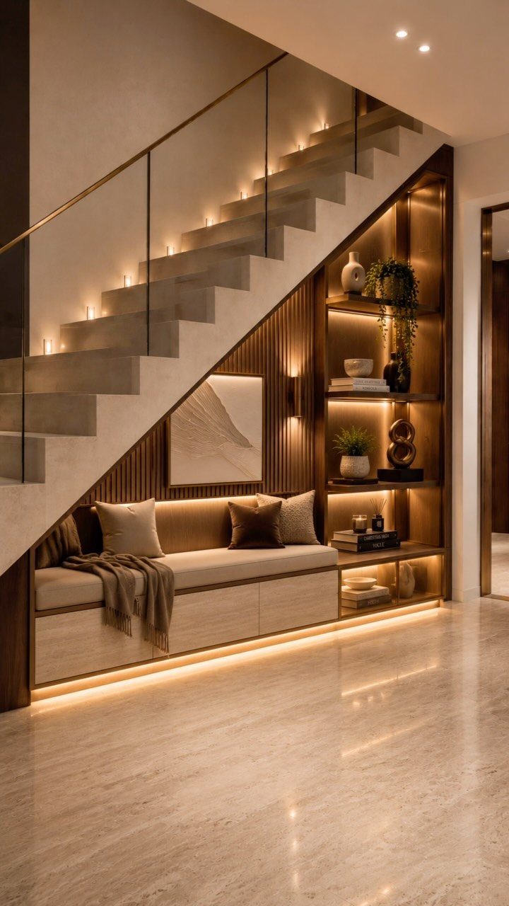 Modern staircase with integrated wooden shelving and a built-in cushioned bench underneath the steps.