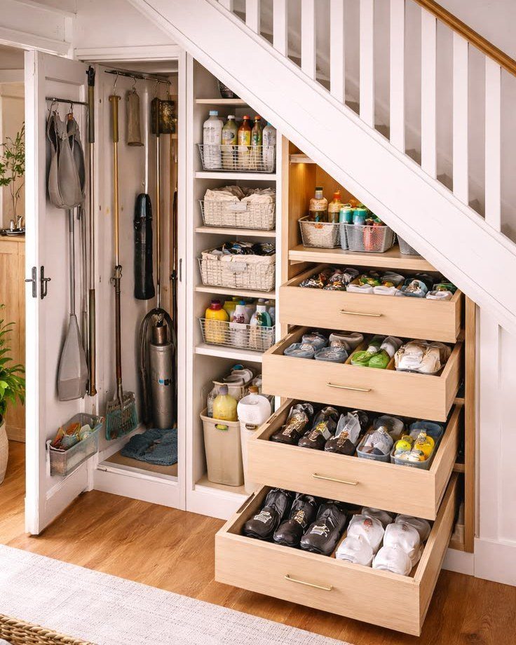 Built-in storage units under a white staircase containing cleaning supplies, baskets, and large wooden shoe drawers.