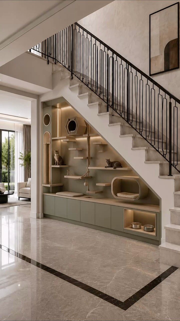 Built-in pet sanctuary with climbing shelves and green cabinets located under a modern staircase.