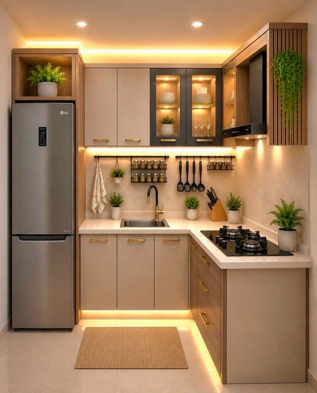 Modern small kitchen with beige cabinets, stainless steel refrigerator, and warm ambient lighting.