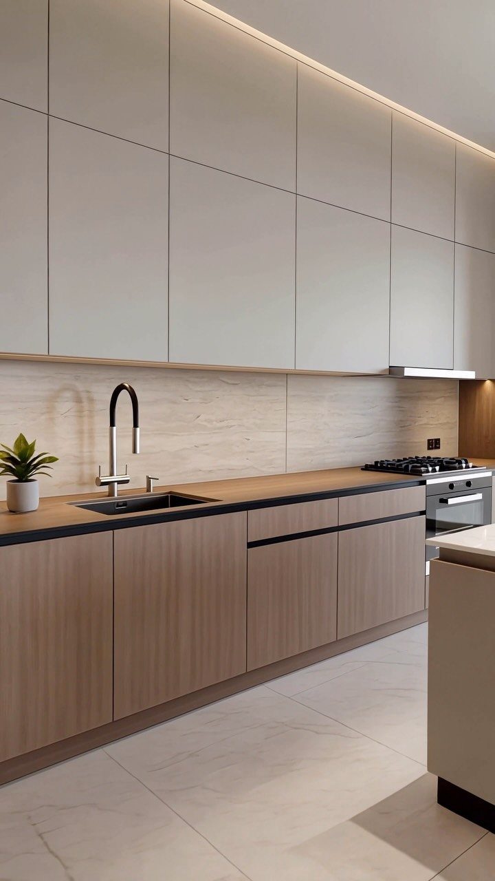 Modern kitchen with wood-grain lower cabinets, dark countertops, and minimalist beige upper cabinets.