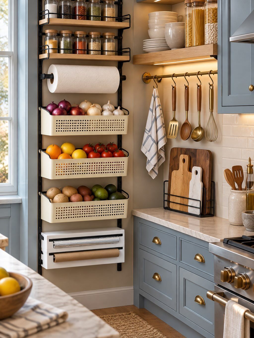 Wall-mounted spice rack and produce baskets hanging in a bright, modern kitchen setting.