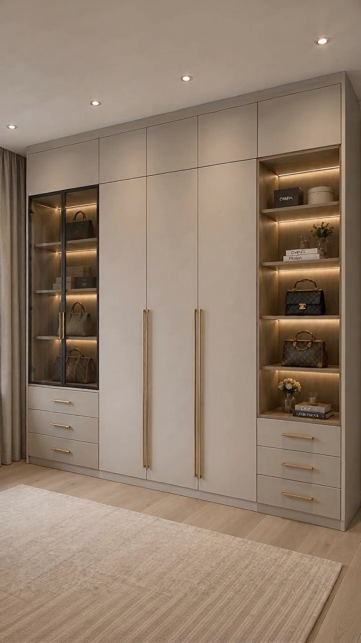 11 Ideas to Organize a Closet for Maximum Storage 10 A large beige custom closet system with gold handles and illuminated display shelves for handbags.