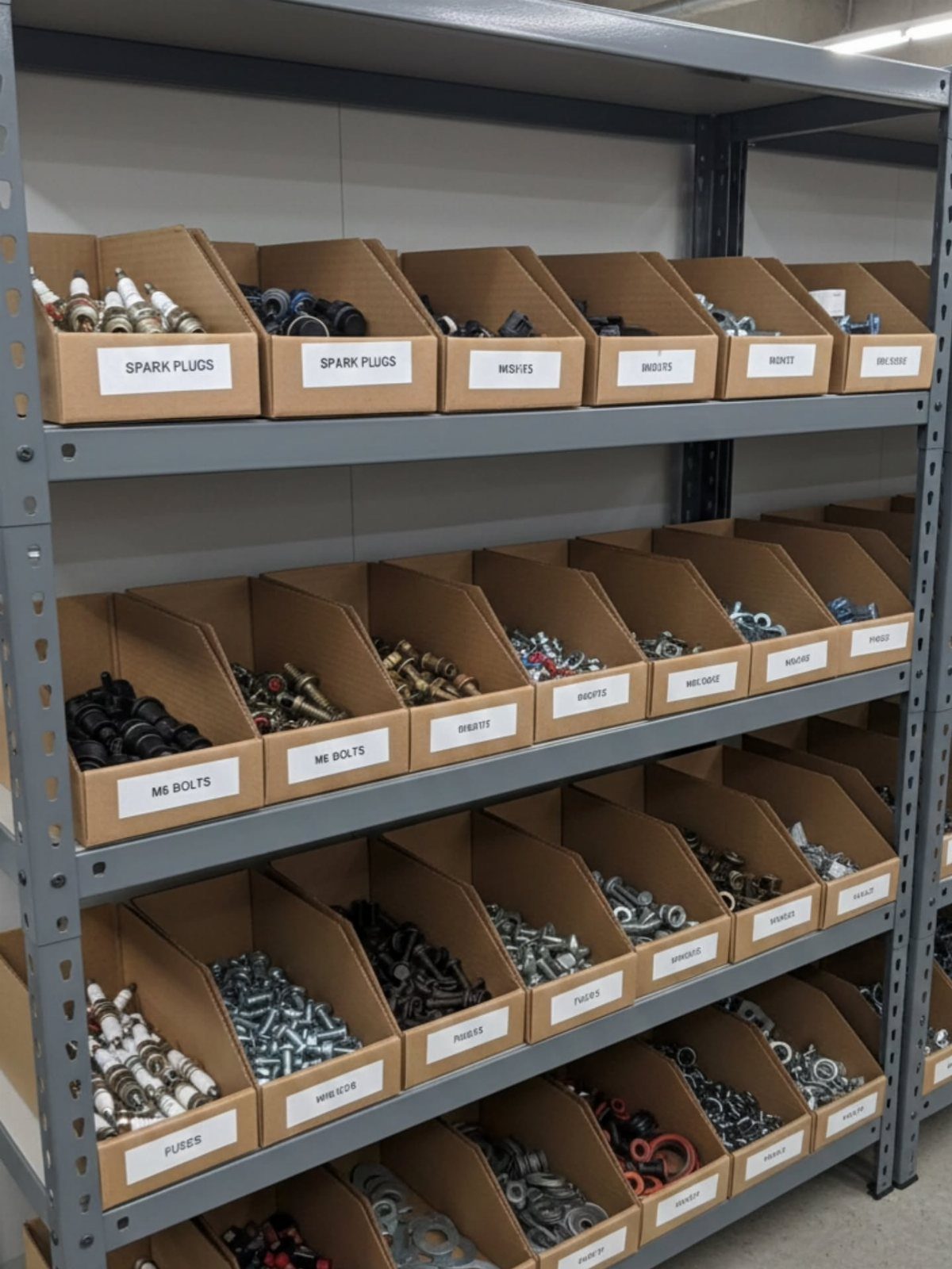 22 Organize a Garage Ideas for Workbenches, Zones & Wall Systems 15 Cardboard bins filled with hardware parts sit on grey metal shelves with identification labels.