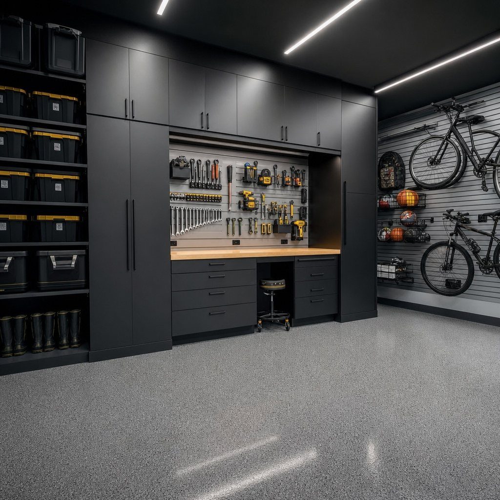 22 Organize a Garage Ideas for Workbenches, Zones & Wall Systems 11 Modern dark grey garage cabinetry with a workbench and bicycles mounted on slatwall panels.