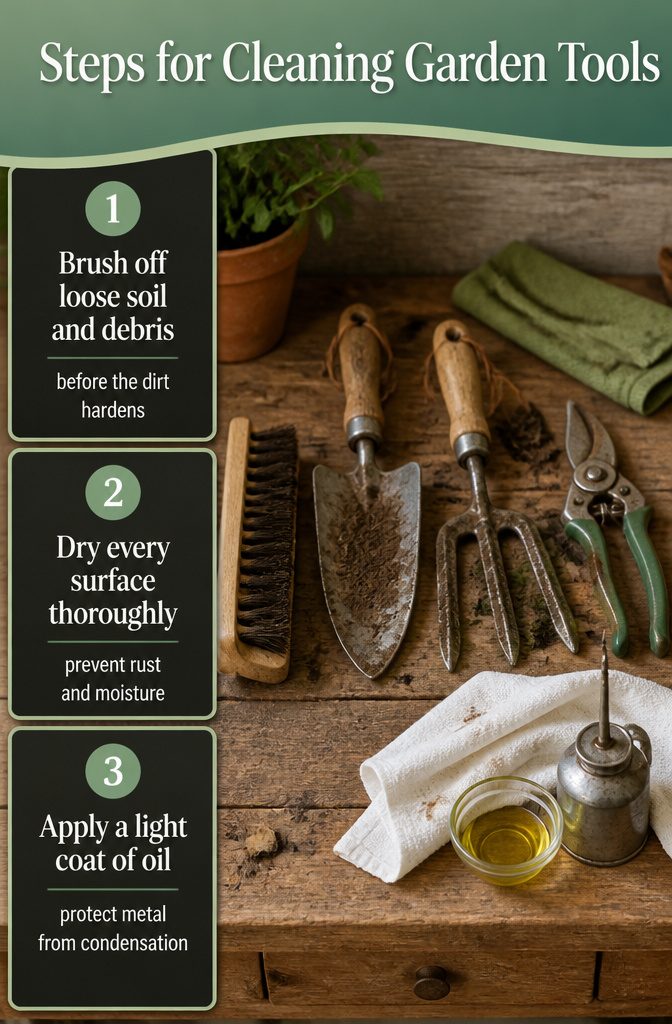 Steps for cleaning garden tools laid out on a surface.