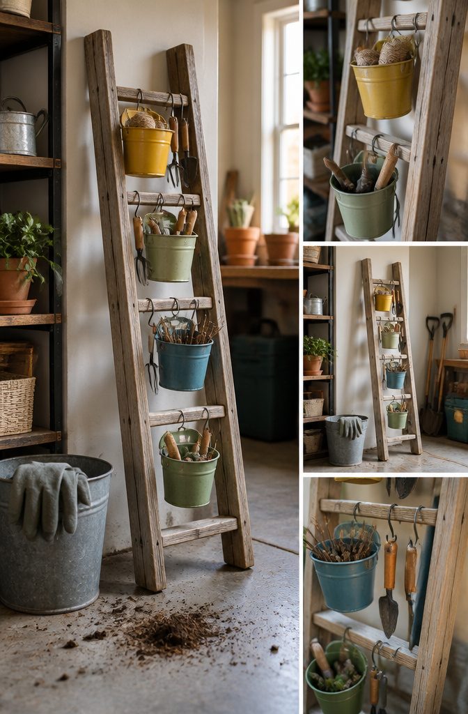 A DIY storage solution using an old pallet for garden tools.