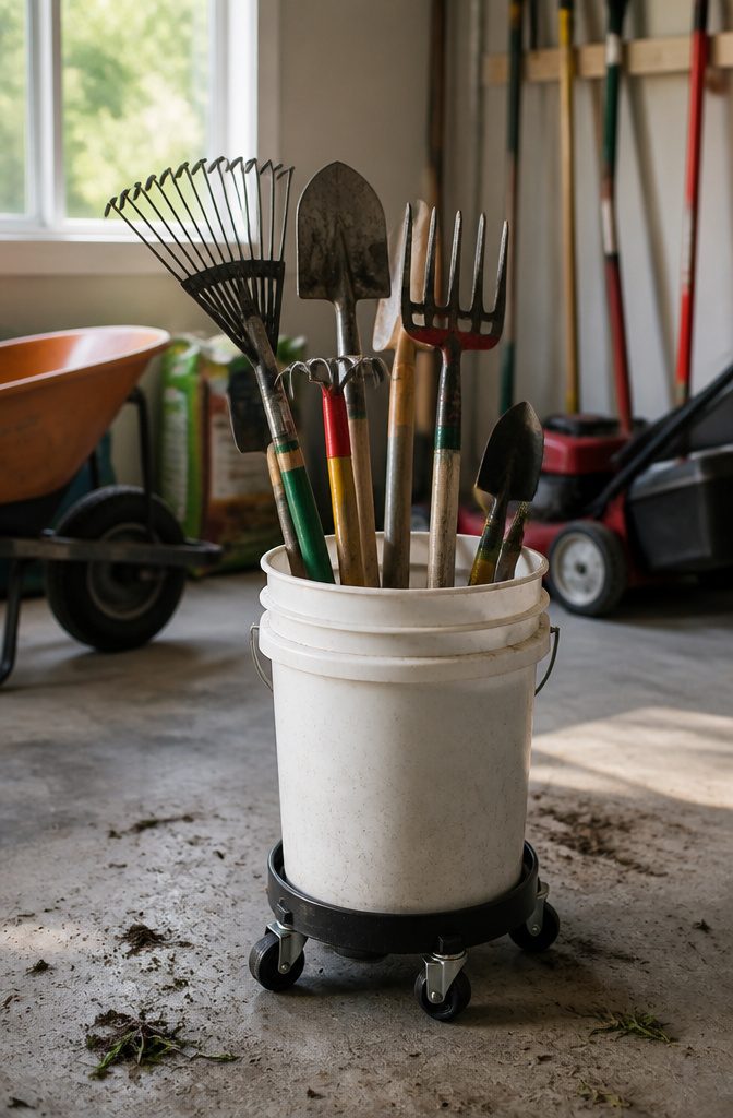 A wheeled caddy filled with various gardening tools.