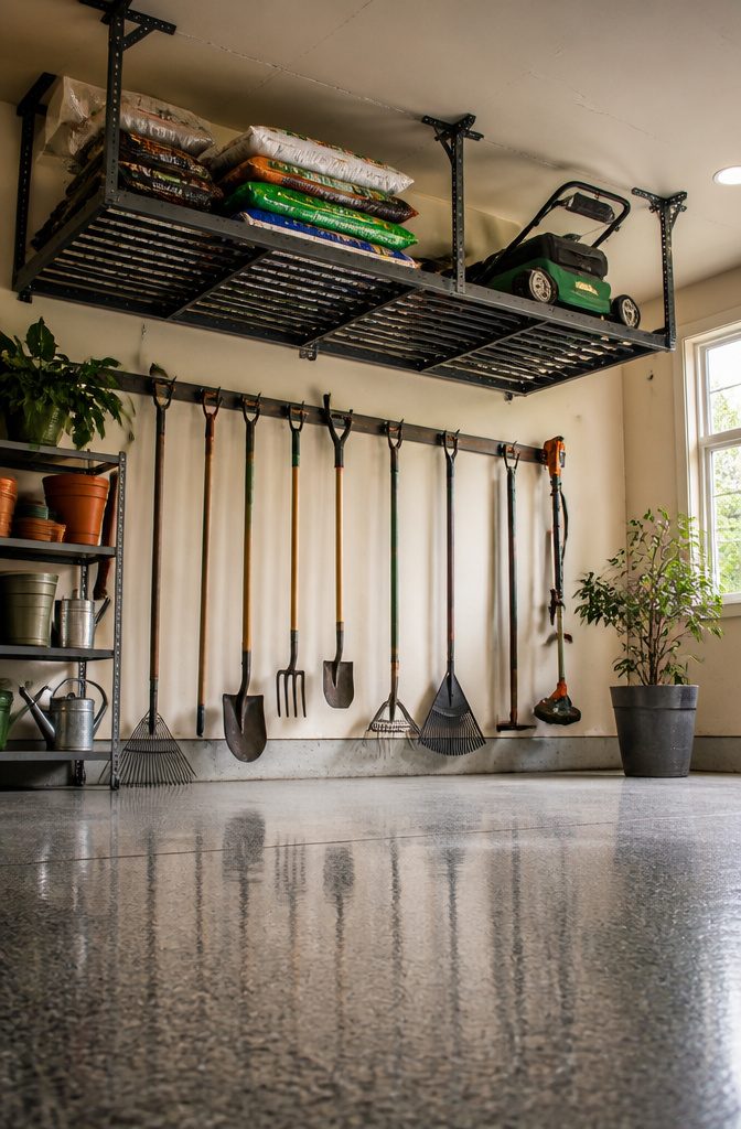 Overhead storage racks in a garage holding seasonal gardening tools.