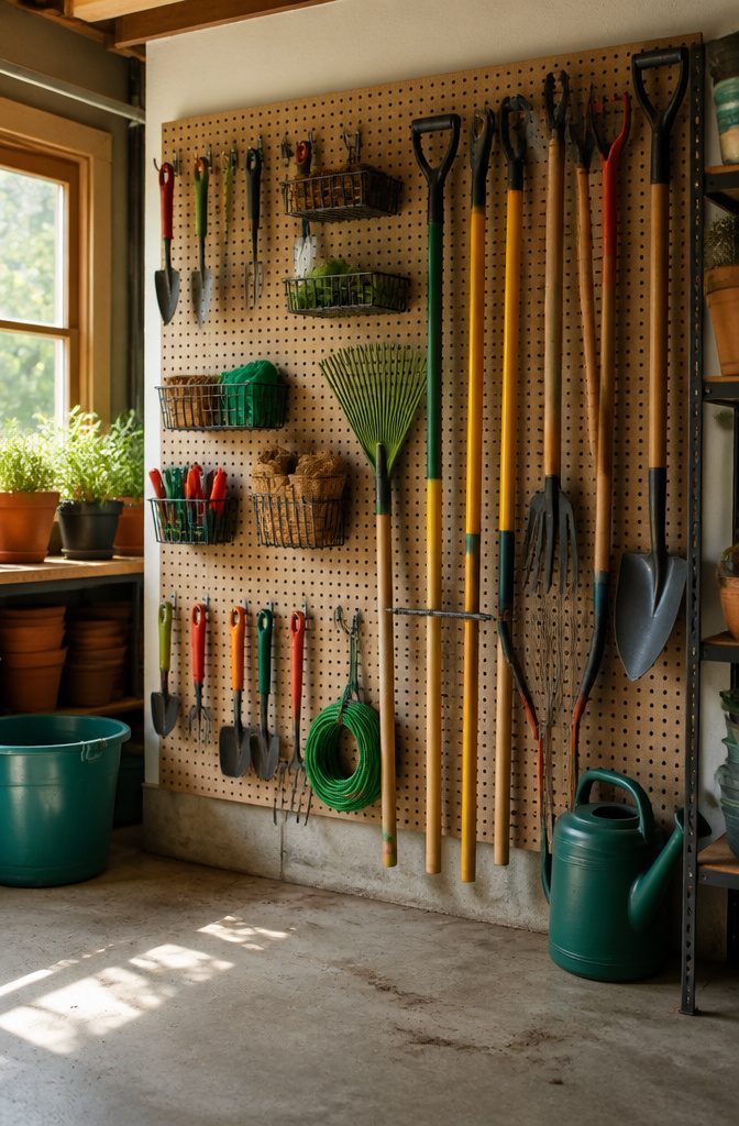 A pegboard displaying hooks and shelves for garden tool storage.