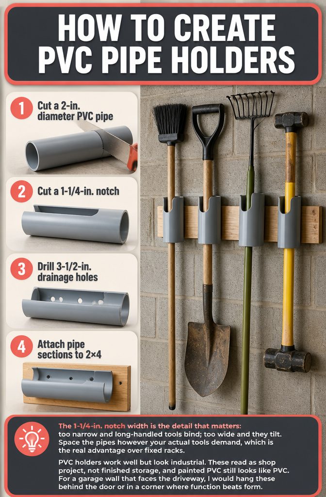 PVC pipe holders mounted on a wall for storing garden tools.