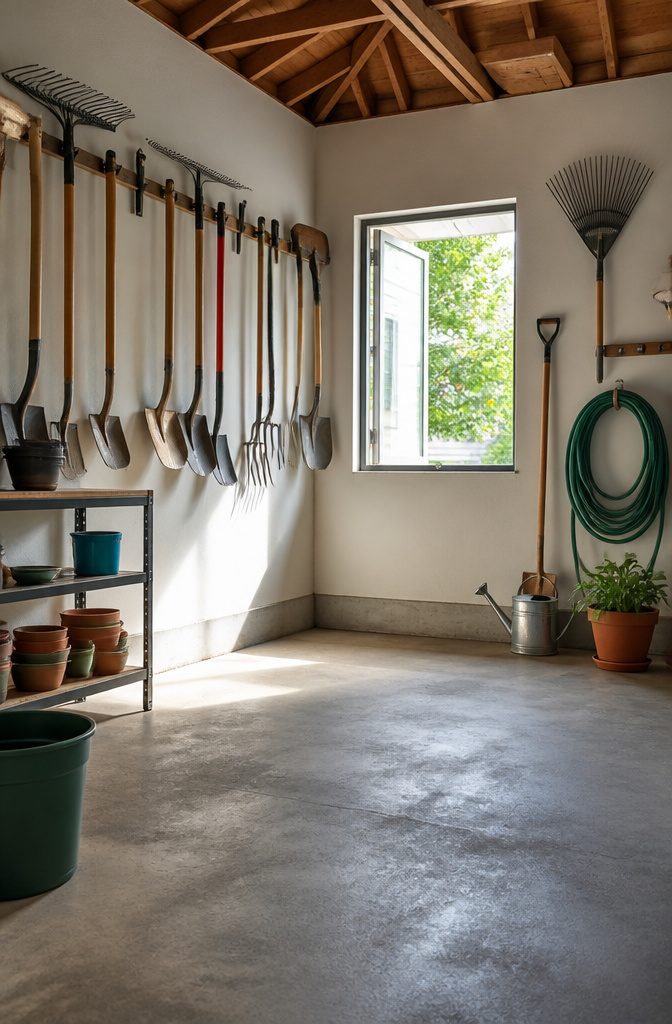 Long-handled tools hung on a wall above a clean garage floor.