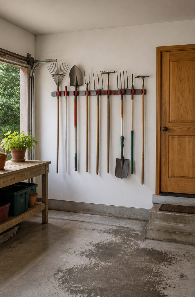A corner tool tower rack storing multiple long-handled garden tools.