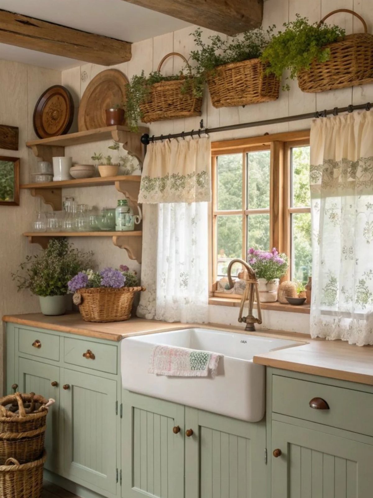 Sage green kitchen cabinets with a white farmhouse sink and wooden countertops near a window.