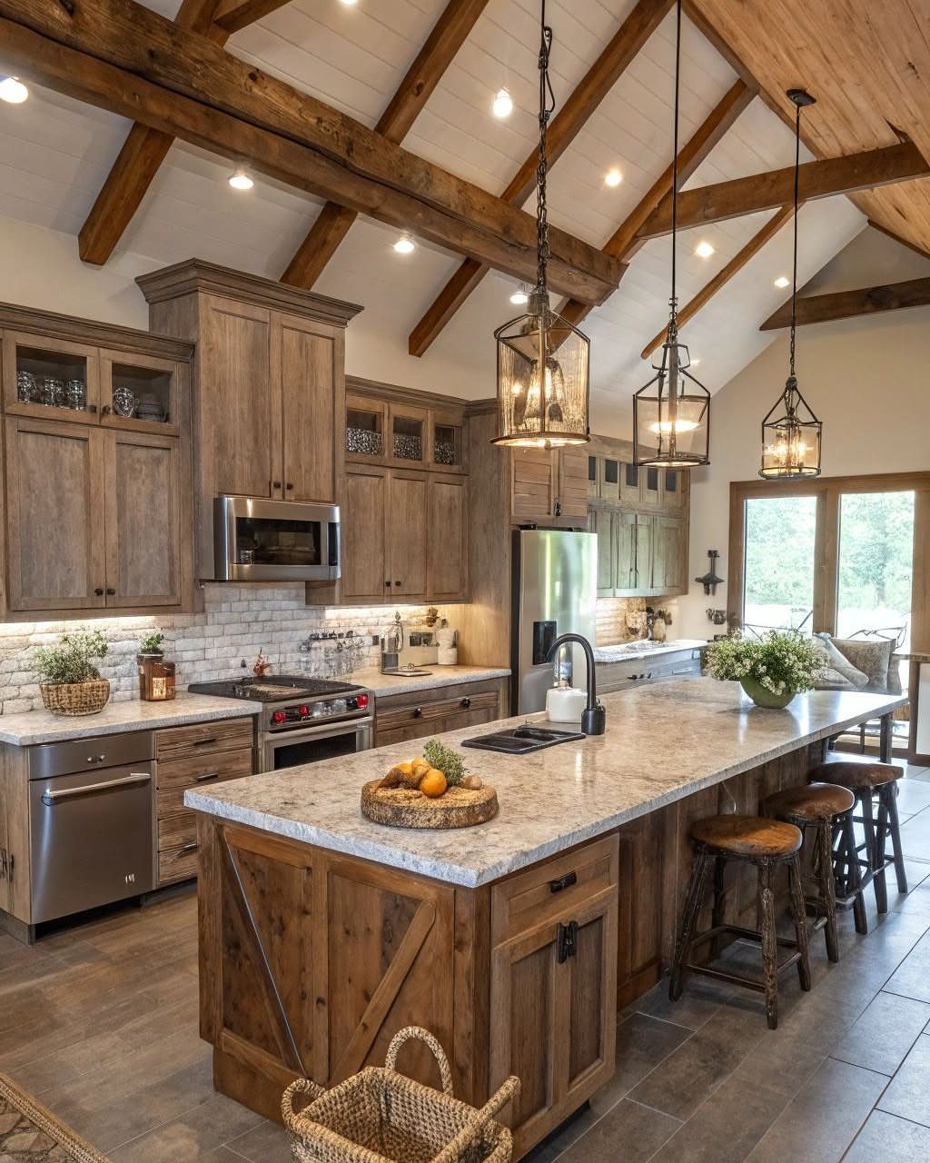 Rustic kitchen with a large marble island, wooden cabinetry, and exposed ceiling beams.