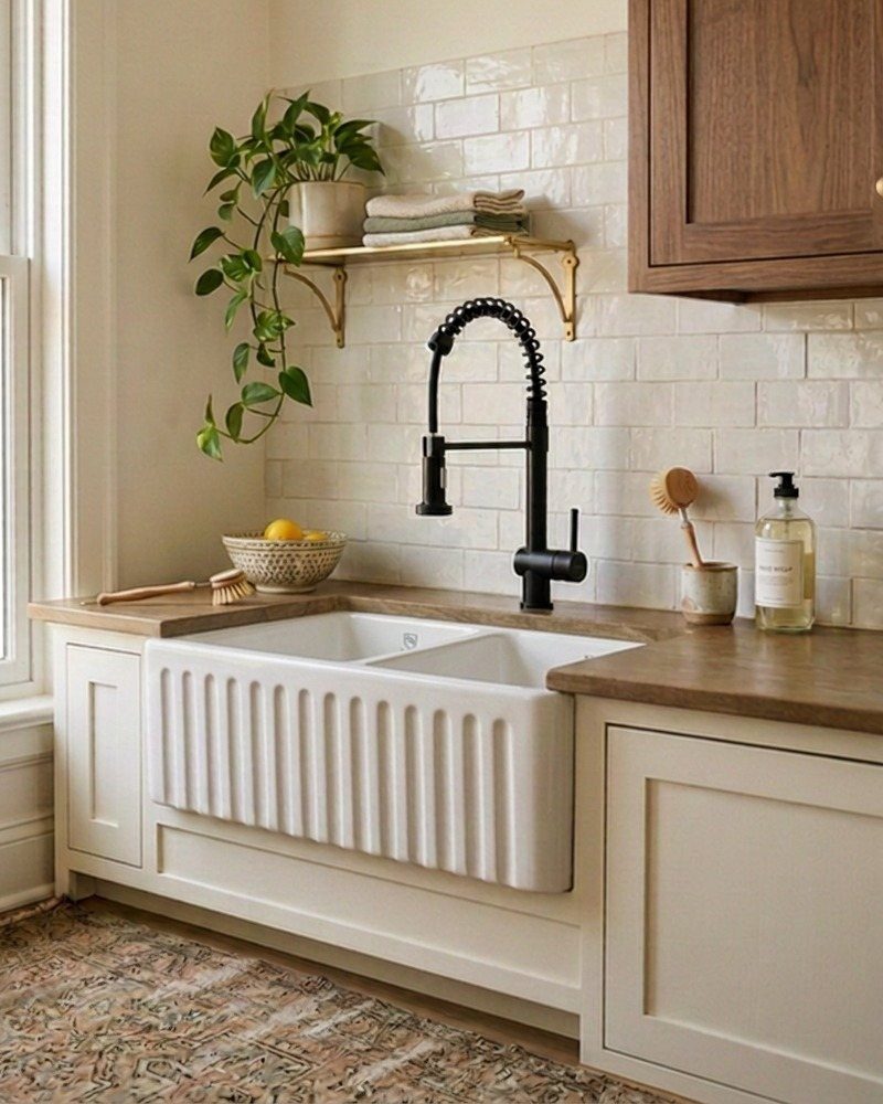 A white fluted farmhouse sink with a black faucet against a subway tile backsplash.