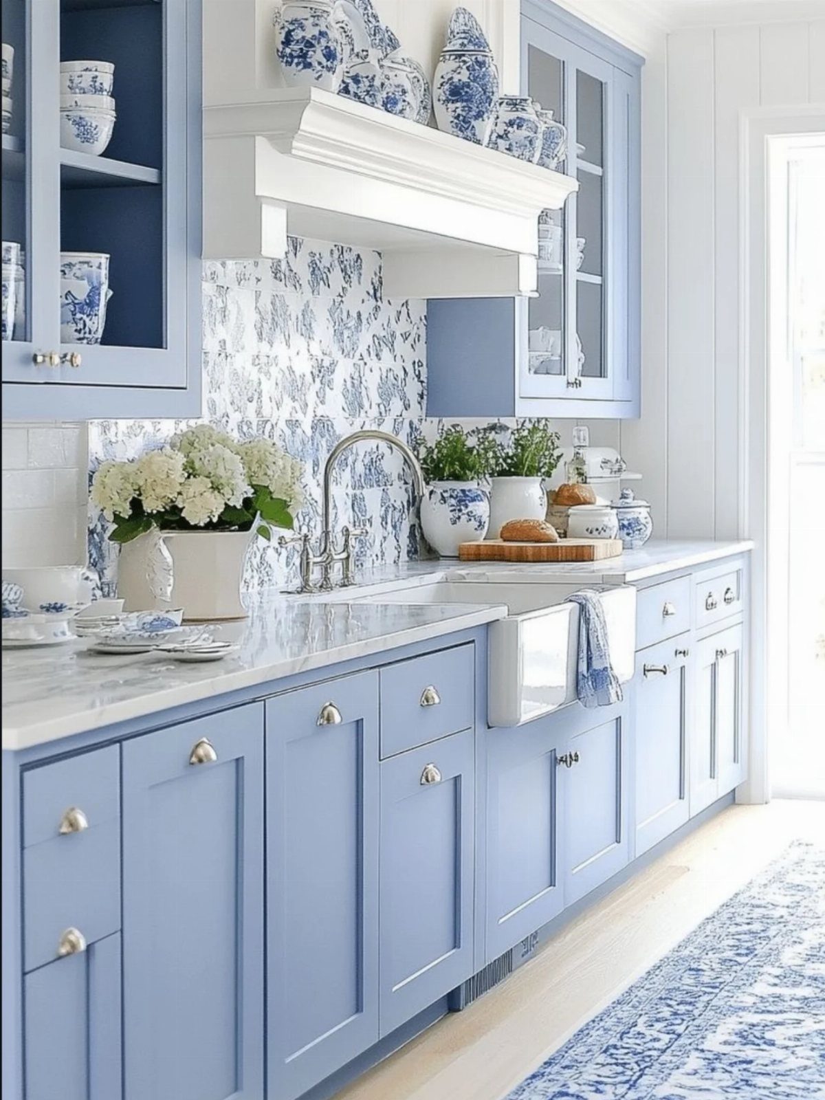 Light blue kitchen cabinets with white marble countertops and blue patterned backsplash tiles.