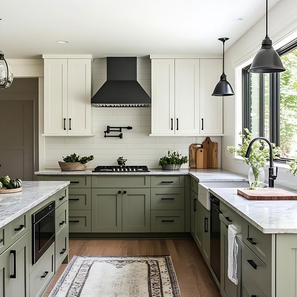 Kitchen with cream upper cabinets, sage green lower cabinets, and white marble countertops.