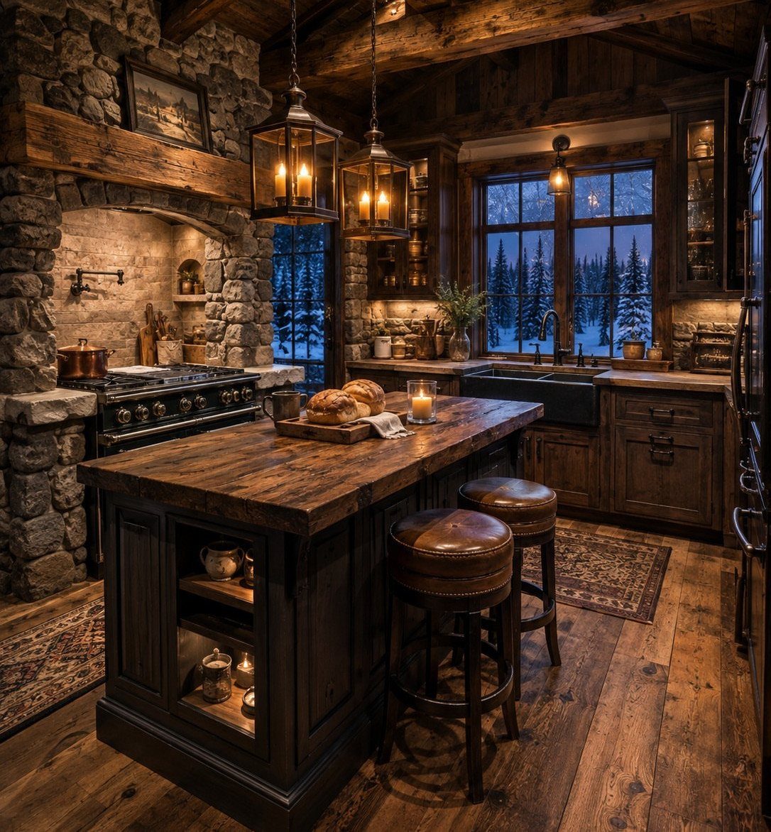 Wide plank hardwood flooring in a rustic kitchen with a large wooden island and stone walls.