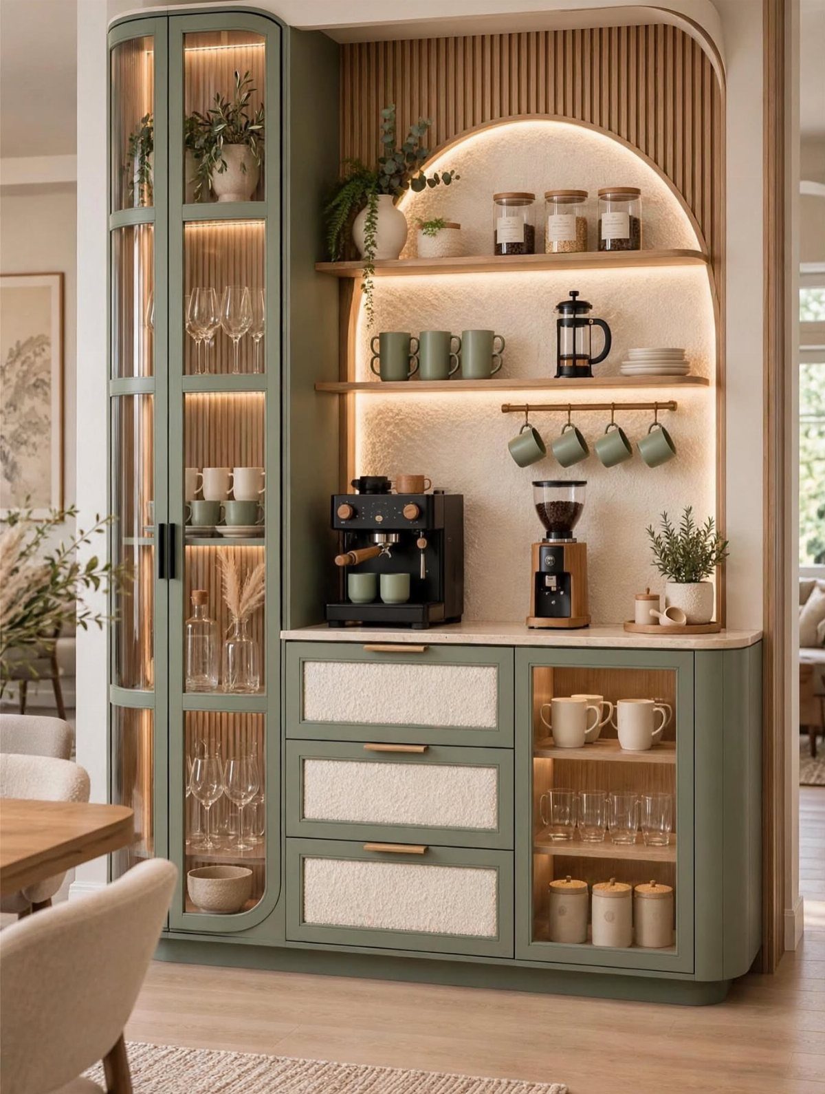 A sage green built-in coffee bar with an espresso machine, grinder, and wooden shelves under warm lighting.