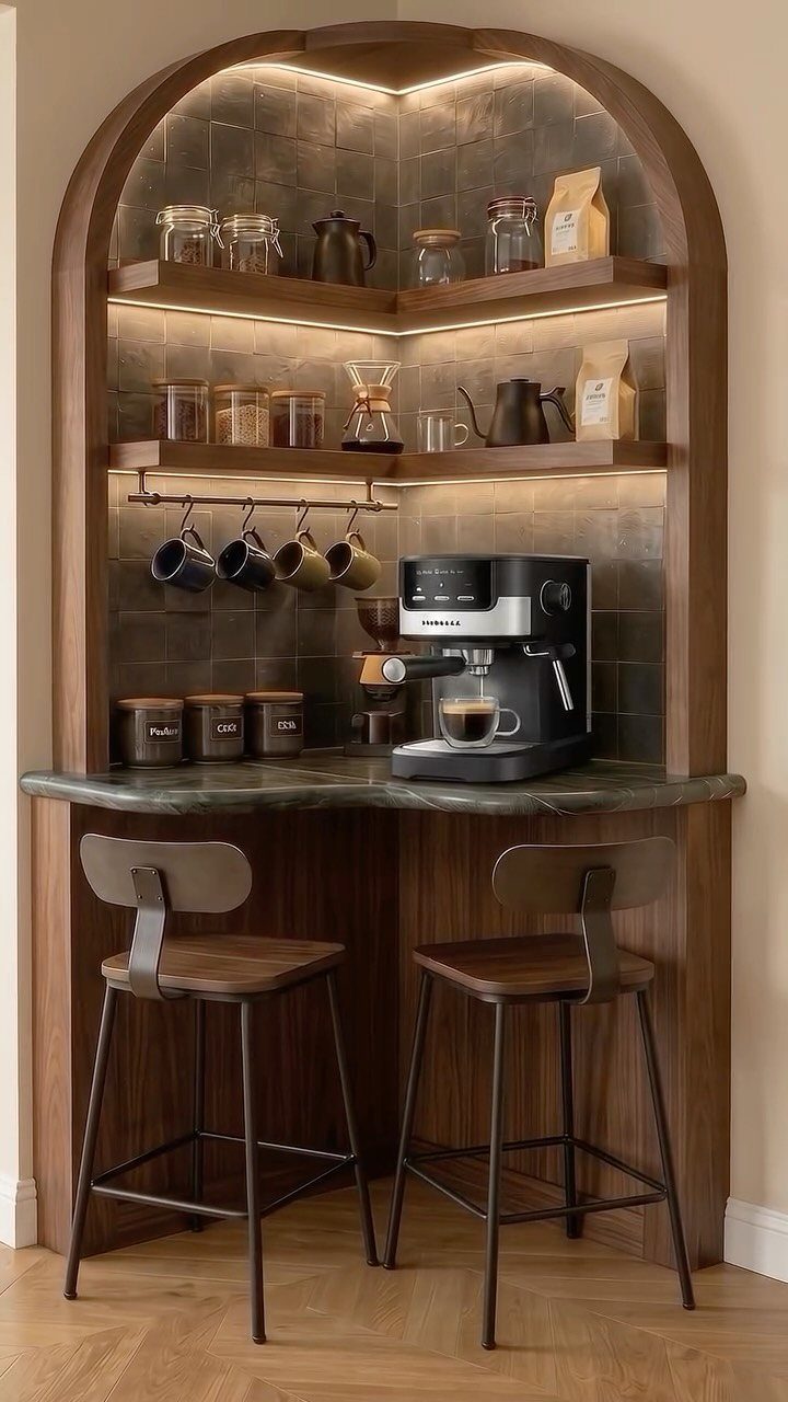 A corner coffee bar with lit wooden shelves, an espresso machine, and two bar stools.