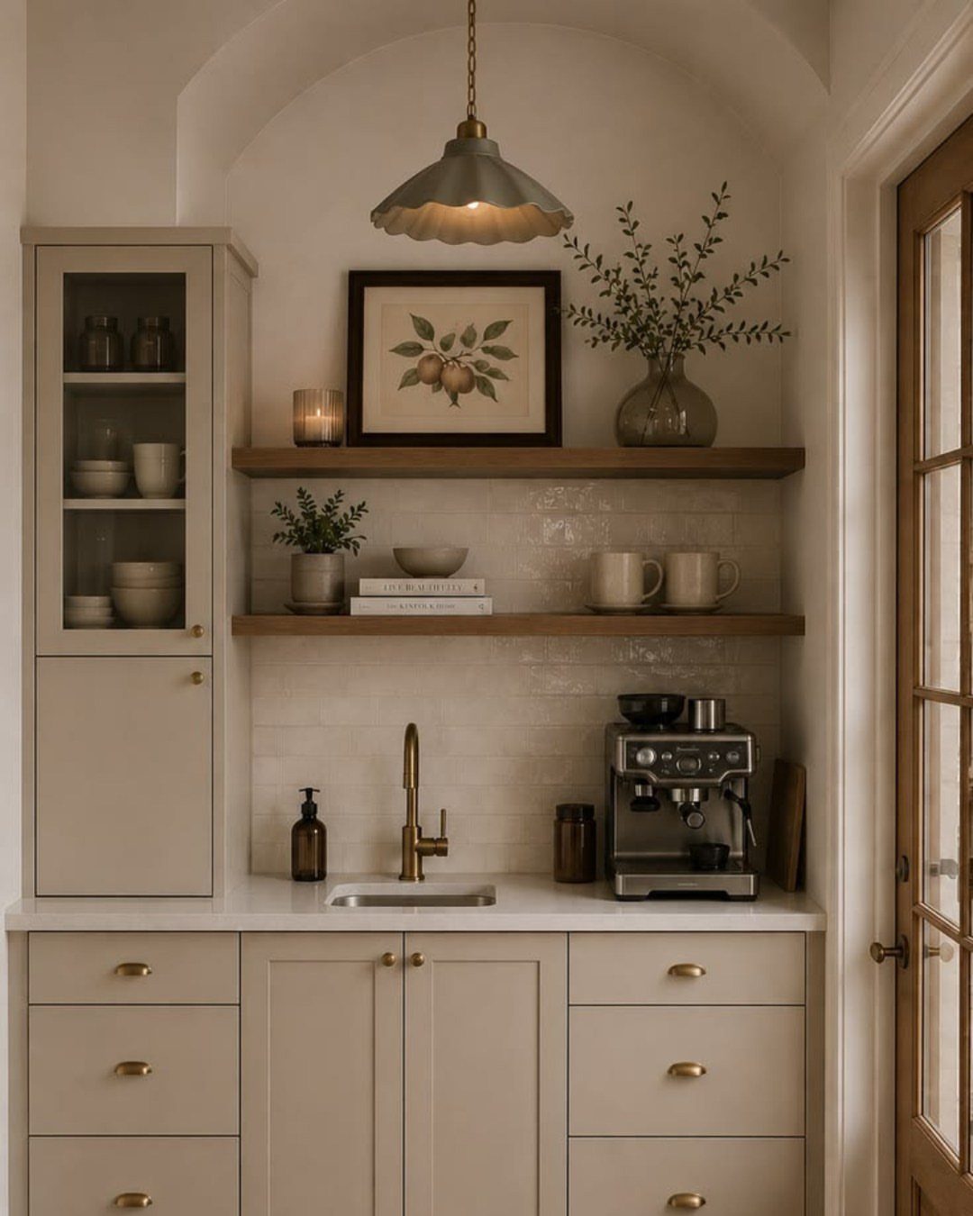 Wooden floating shelves holding coffee mugs, plants, and decor above a kitchen counter with an espresso machine.