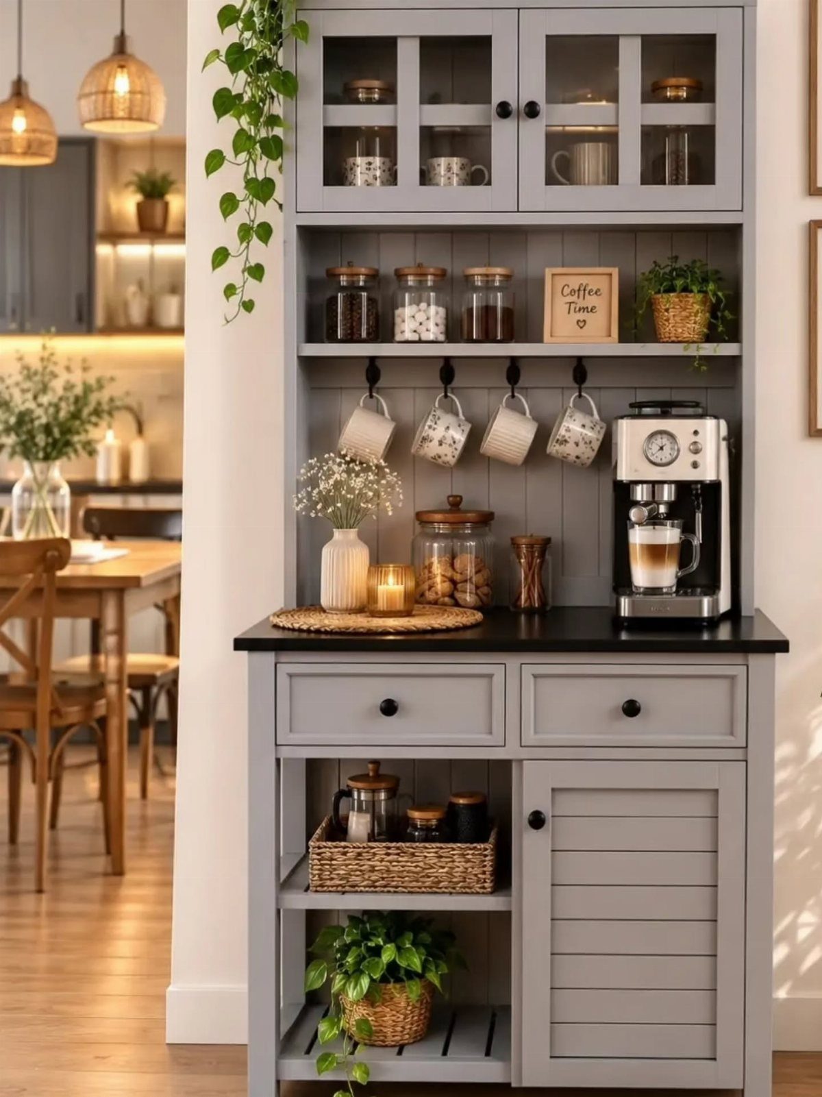 Grey wooden coffee station cabinet with espresso machine, hanging mugs, and storage canisters on a black countertop.