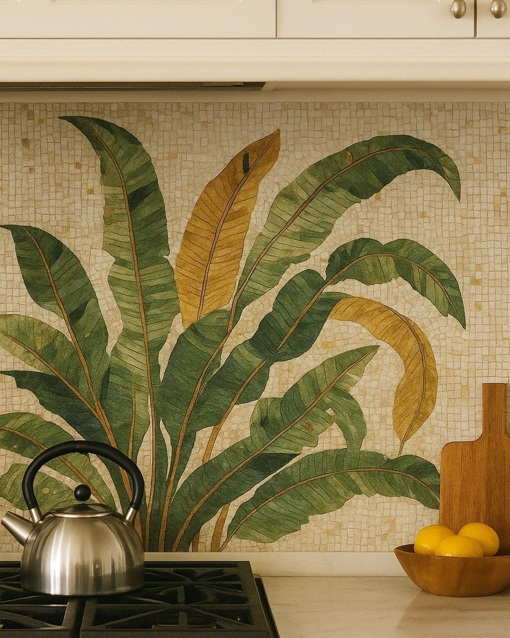 20 Simple and Small Kitchen Design Ideas 3 Mosaic tile backsplash featuring large green and yellow tropical banana leaf patterns in a kitchen.
