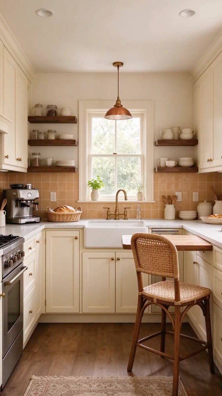 20 Simple and Small Kitchen Design Ideas 18 Small cream kitchen featuring floating wooden shelves, a farmhouse sink, and a fold-down wooden dining table.