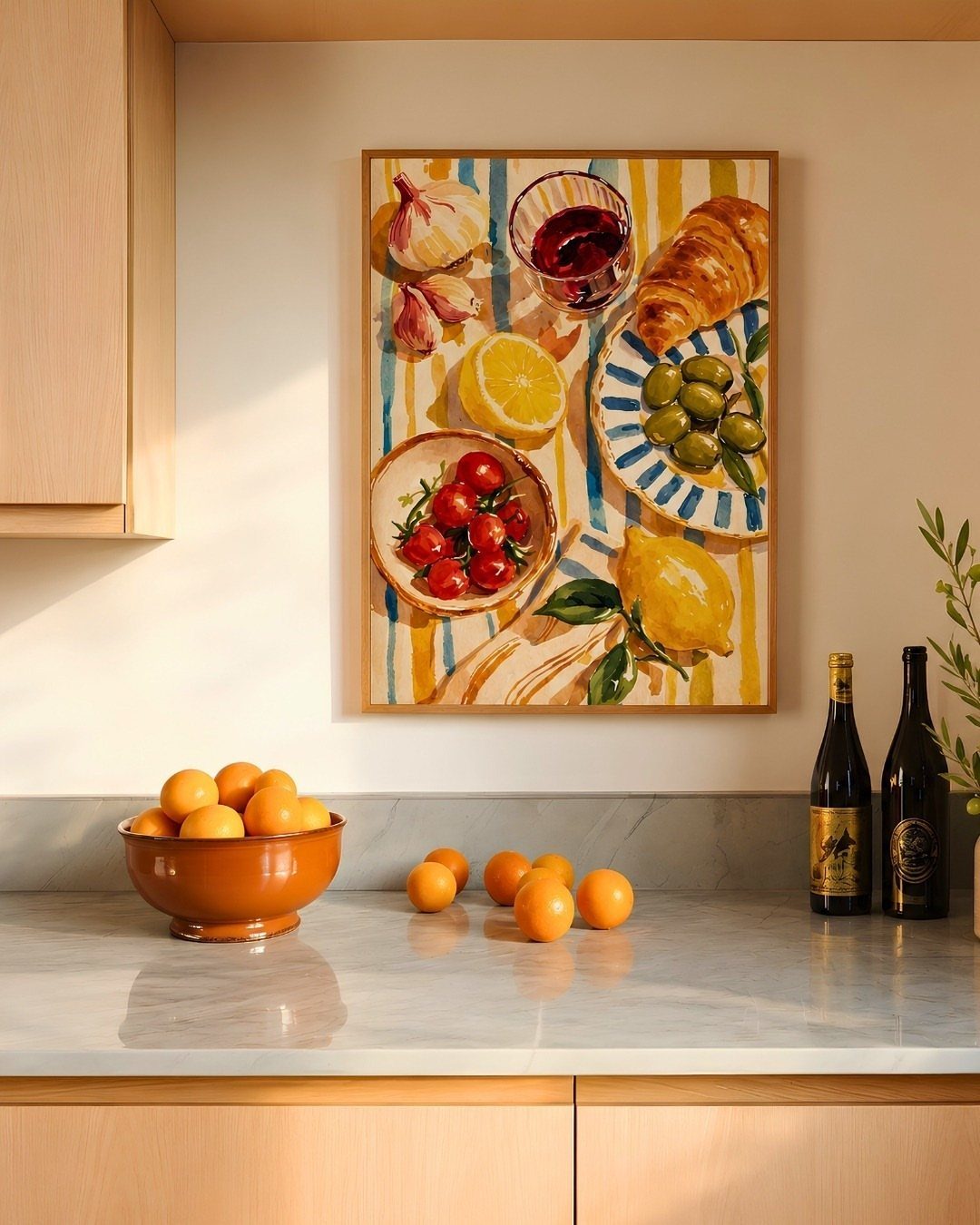 20 Simple and Small Kitchen Design Ideas 2 A colorful food painting hangs on a white wall above a marble kitchen countertop.