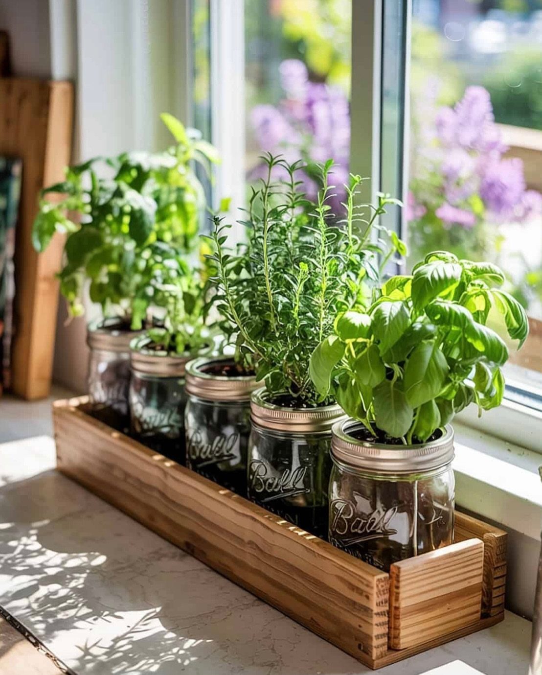 20 Simple and Small Kitchen Design Ideas 17 Green herb plants in glass mason jars sitting inside a wooden planter on a sunny windowsill.