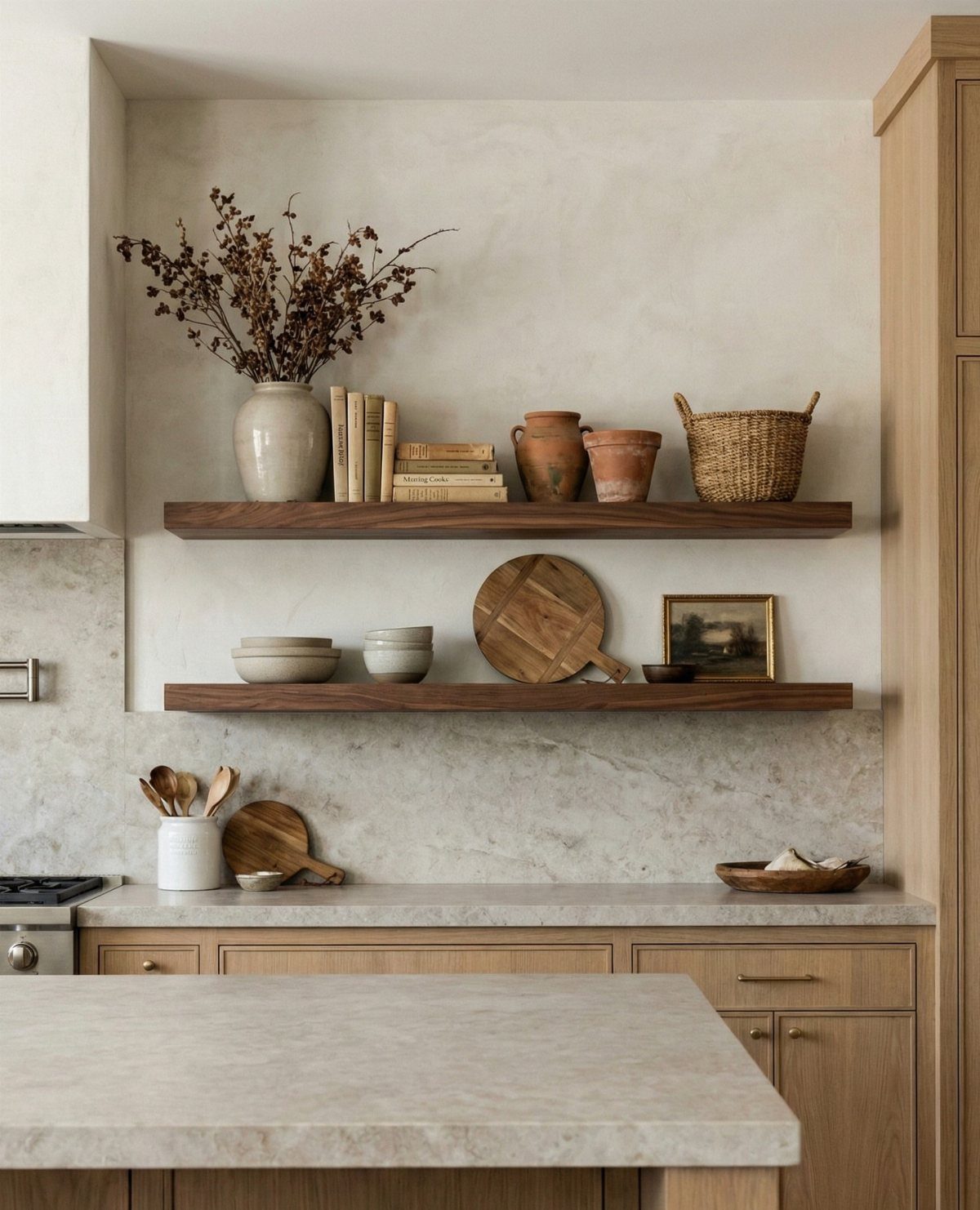 20 Simple and Small Kitchen Design Ideas 1 Two dark wood floating shelves holding decorative ceramics and books on a light textured wall.