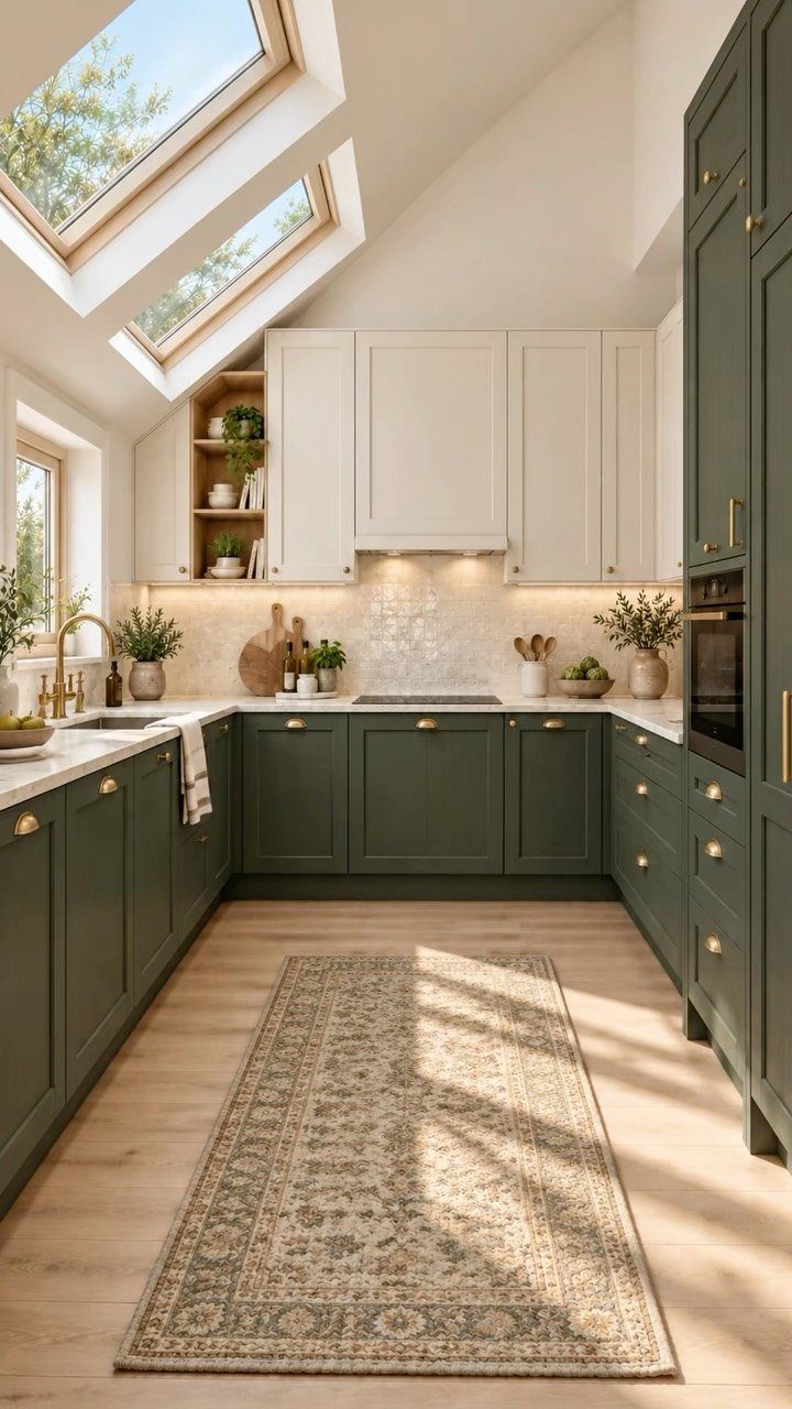 20 Simple and Small Kitchen Design Ideas 16 Modern kitchen with dark green lower cabinets, cream upper cabinets, and bright skylights.