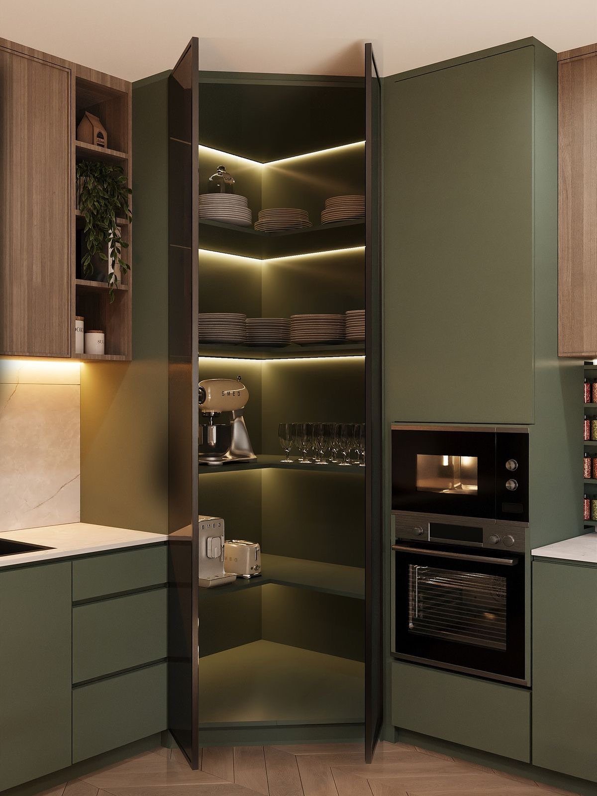20 Simple and Small Kitchen Design Ideas 5 Open olive green corner kitchen cabinets with illuminated shelves holding various kitchenware and appliances.
