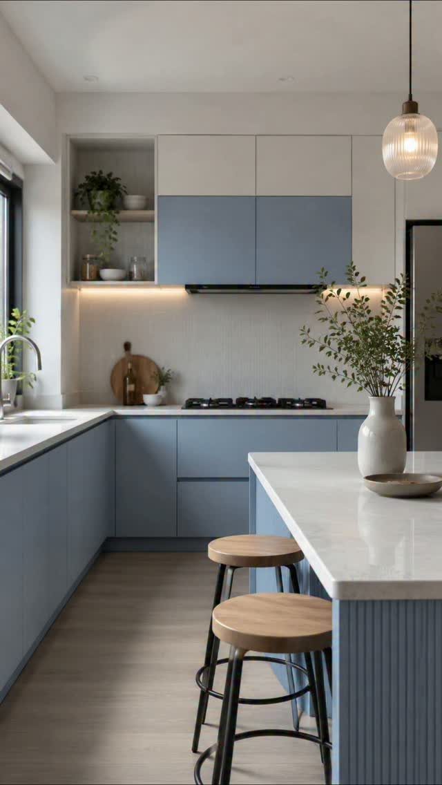 20 Simple and Small Kitchen Design Ideas 4 Blue and grey two-tone kitchen cabinets with white countertops and a wooden stool.