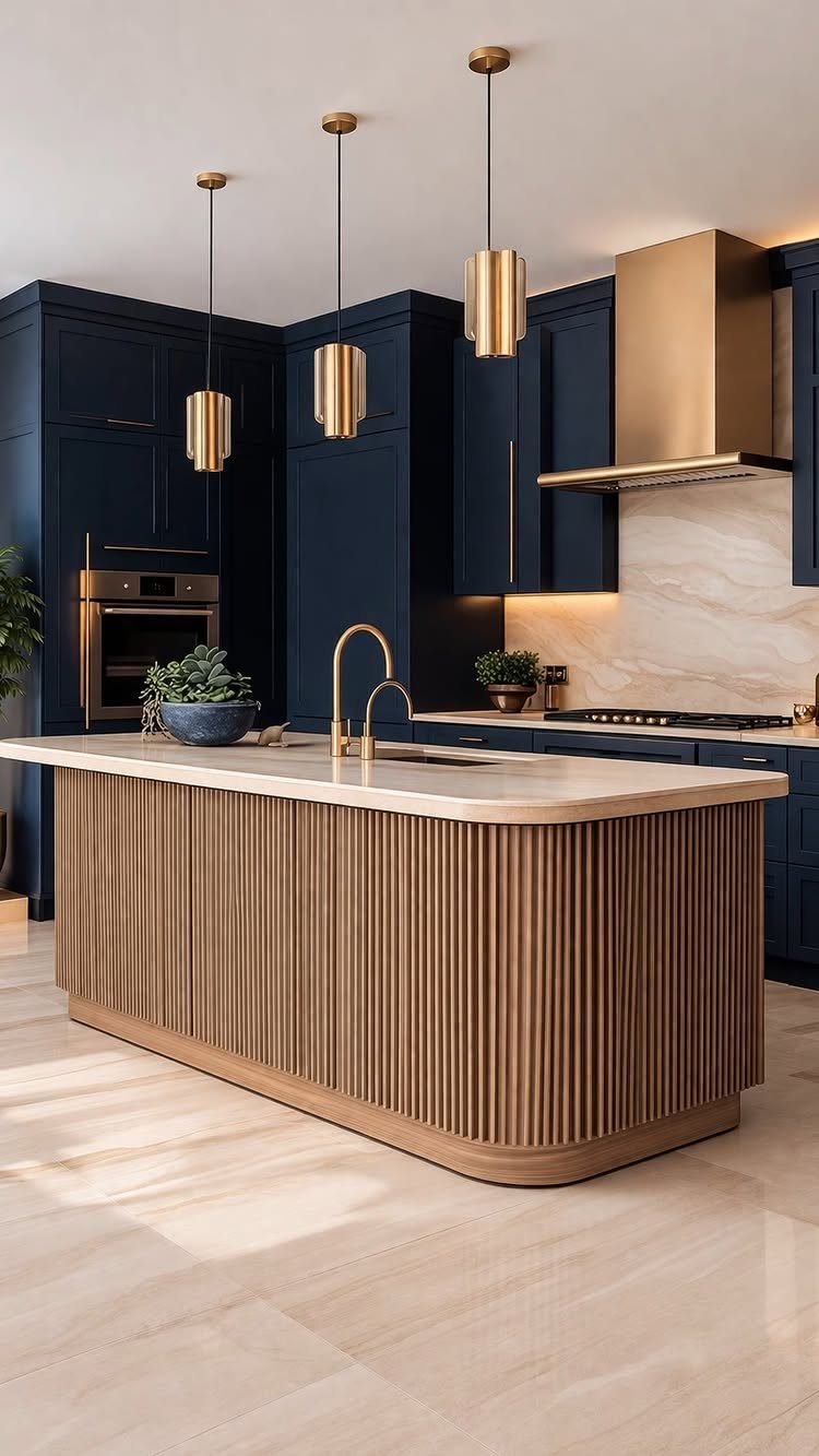 20 Sleek Kitchen Cabinet Design Ideas for 2026 6 Navy blue kitchen cabinets with a fluted wood island and gold accents.