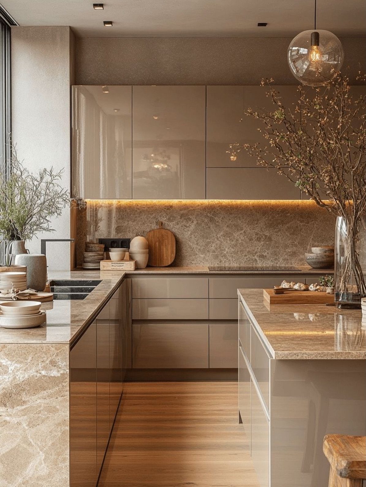 20 Sleek Kitchen Cabinet Design Ideas for 2026 11 High-gloss taupe kitchen cabinets with marble countertops and a matching backsplash in a modern kitchen.
