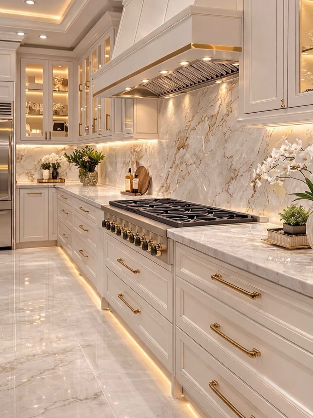 20 Sleek Kitchen Cabinet Design Ideas for 2026 16 White kitchen cabinets with gold handles, marble countertops, and a marble backsplash under warm lighting.