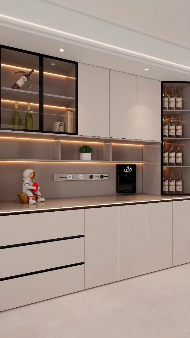 20 Sleek Kitchen Cabinet Design Ideas for 2026 4 Minimalist light beige kitchen cabinets with integrated LED lighting and glass display shelving.