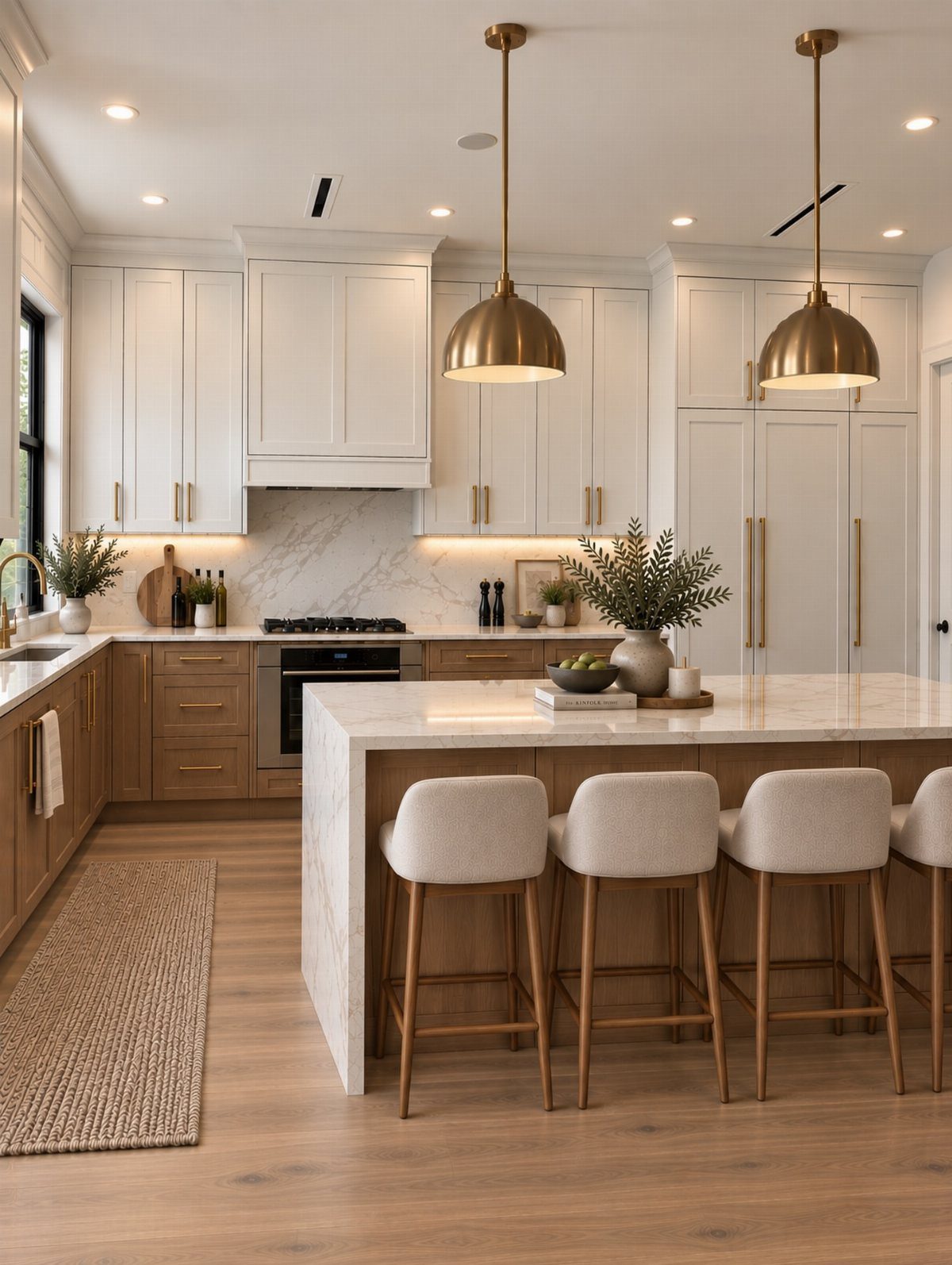 20 Sleek Kitchen Cabinet Design Ideas for 2026 1 Modern kitchen with white upper cabinets, wood lower cabinets, and a marble island with bar stools.