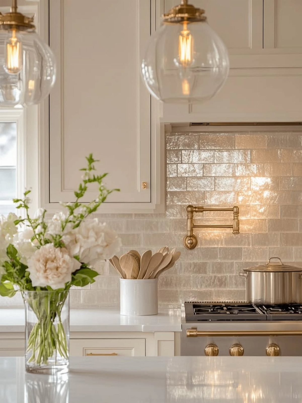 20 Sleek Kitchen Cabinet Design Ideas for 2026 9 White subway tiles cover the kitchen backsplash behind a stainless steel stove and gold faucet.