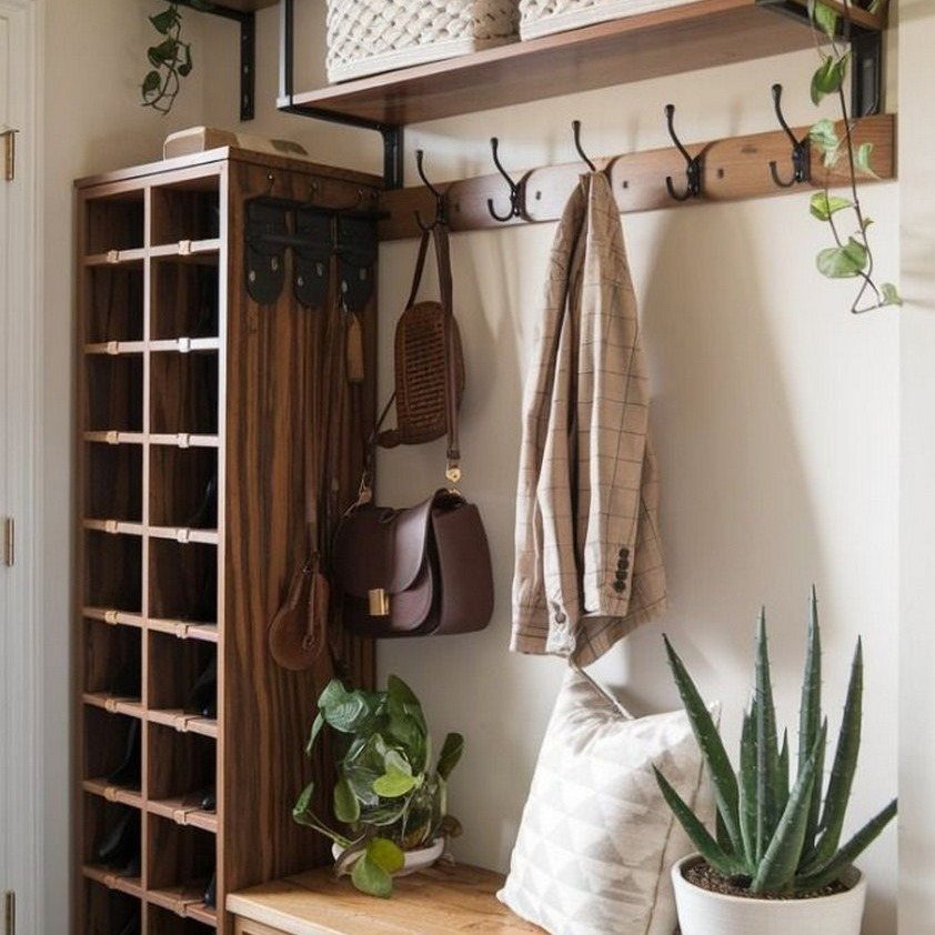 Wooden entryway organizer with wine rack, storage baskets, and hooks holding a jacket and bag.
