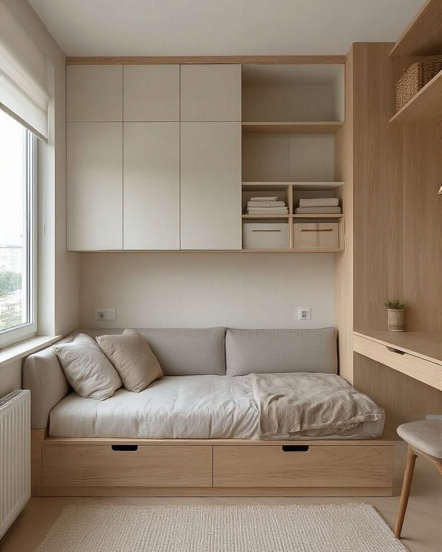 A light wood platform bed featuring large integrated storage drawers underneath the mattress.