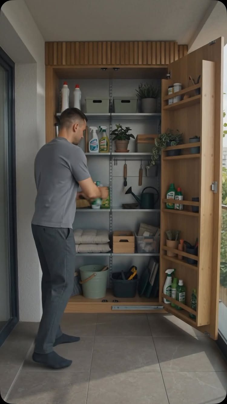 A man organizing various household items and cleaning supplies inside a large wooden storage closet.