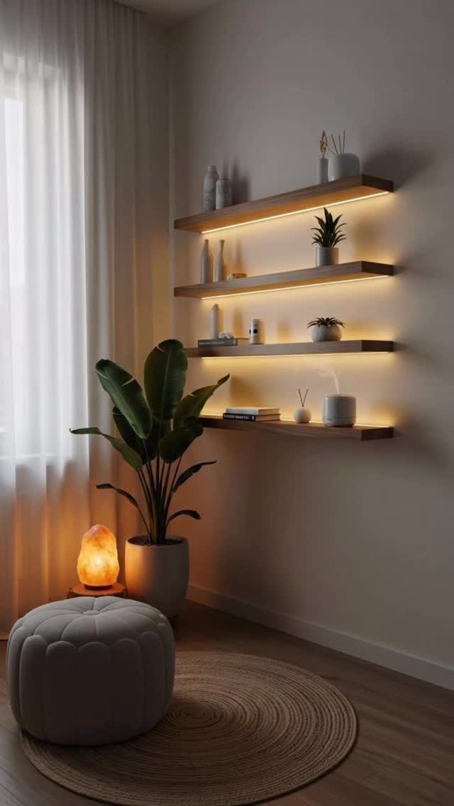 14 Small Apartment Storage Hacks and Genius Finds for 2026 1 Four wooden floating shelves with warm LED lighting holding decorative vases and plants on a wall.