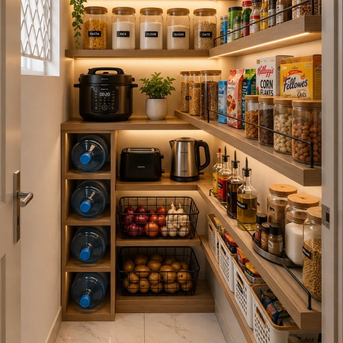 Organized wooden pantry shelves containing labeled jars, kitchen appliances, produce baskets, and large water jugs.