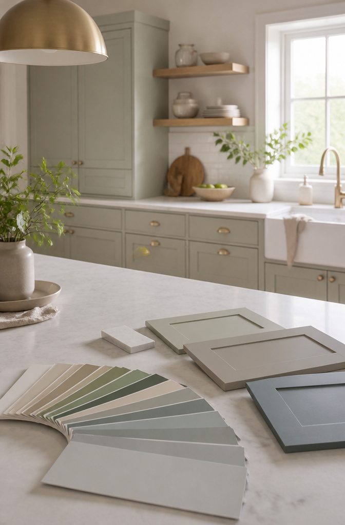 Soft Kitchen Cabinet Colors: 3 Paint Collections Designers Prefer 1 Pale sage cabinet color next to white quartz and cream tile